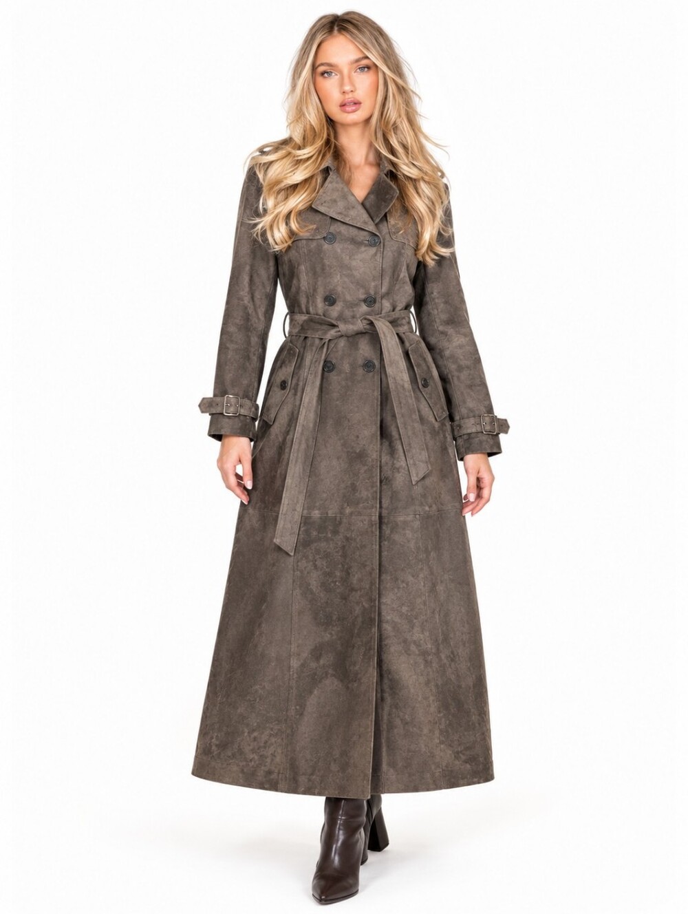 Pelle Nova Suede Leather Trench Coat Women's L Gray Brown Belted Duster